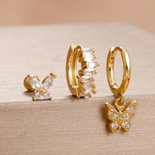 Boucle D'Oreille 3 Trous Papillon Coloré Acier Inoxydable