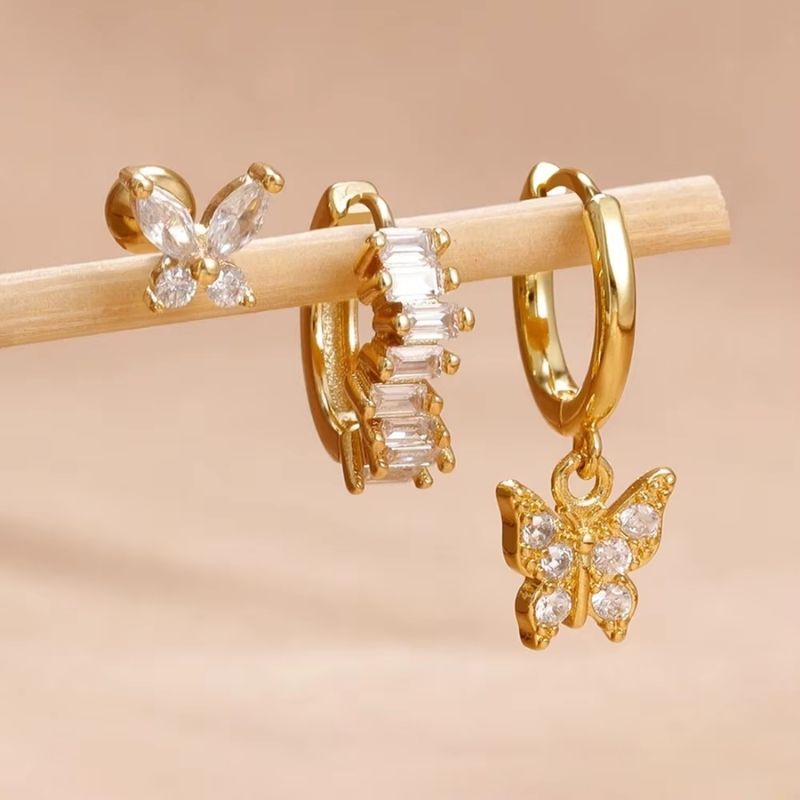 Boucle D'Oreille 3 Trous Papillon Coloré Acier Inoxydable