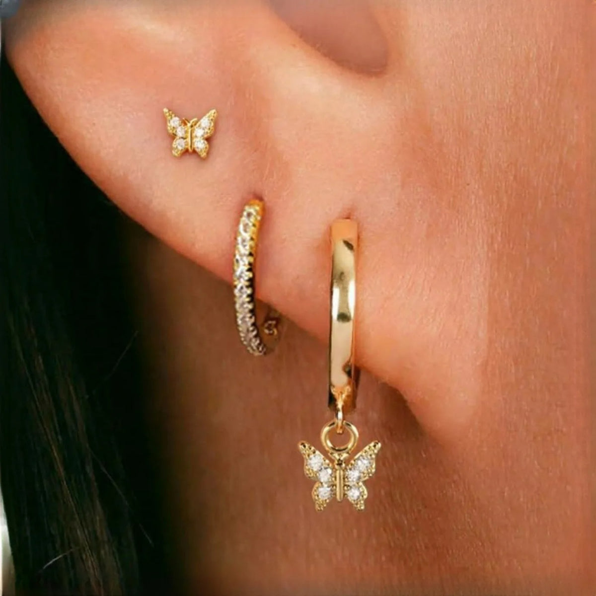Boucle D'Oreille 3 Trous Papillon Délicat Acier Inoxydable