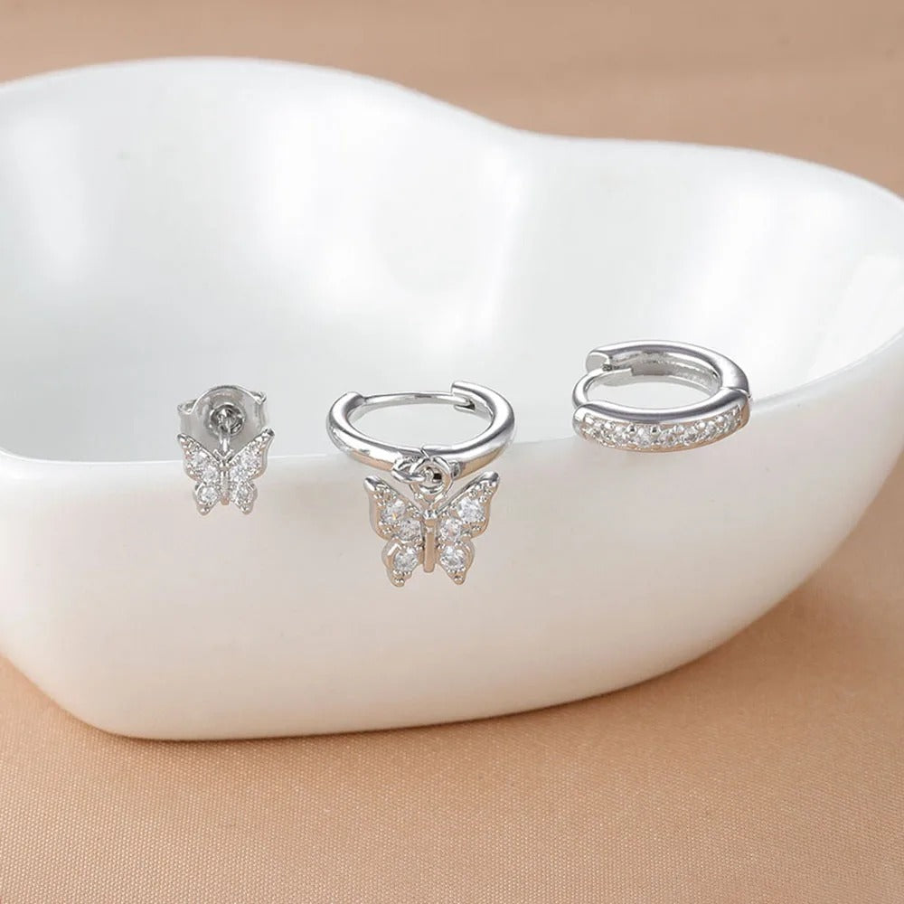 Boucle D'Oreille 3 Trous Papillon Délicat Acier Inoxydable