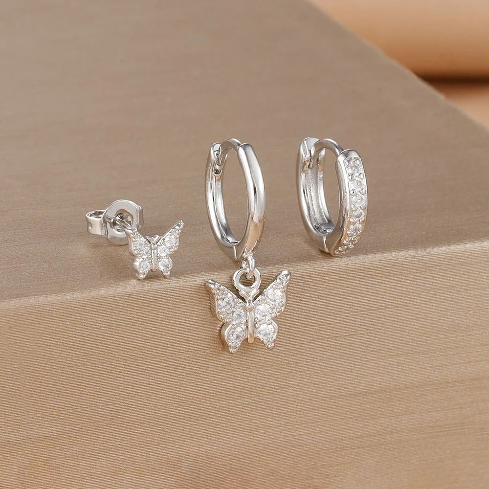 Boucle D'Oreille 3 Trous Papillon Délicat Acier Inoxydable