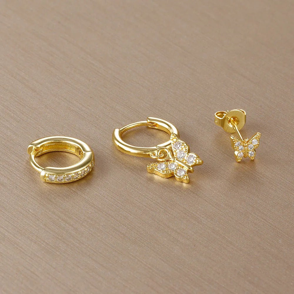 Boucle D'Oreille 3 Trous Papillon Délicat Acier Inoxydable