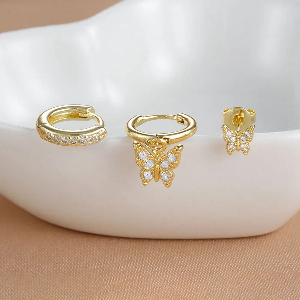 Boucle D'Oreille 3 Trous Papillon Délicat Acier Inoxydable