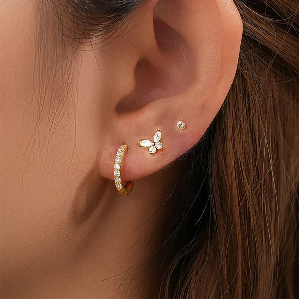 Boucle D'Oreille 3 Trous Papillon Dépareillée Acier Inoxydable Image