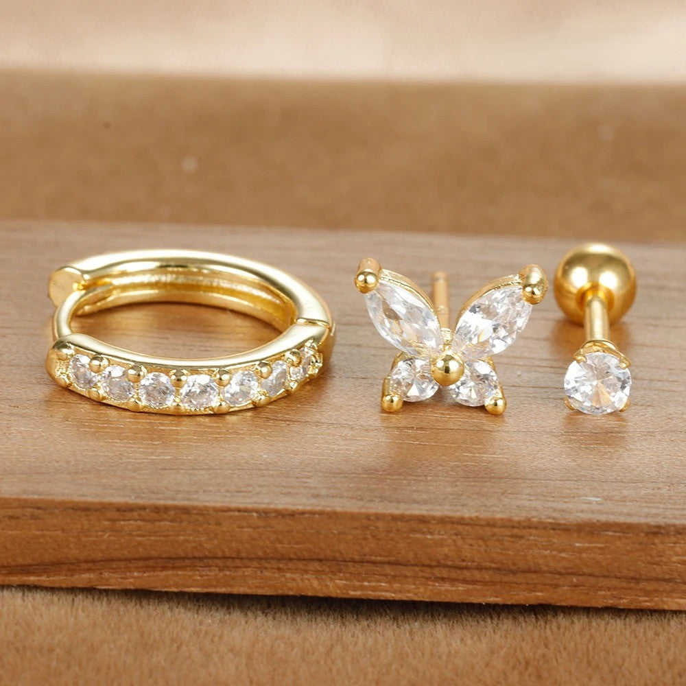 Boucle D'Oreille 3 Trous Papillon Dépareillée Acier Inoxydable