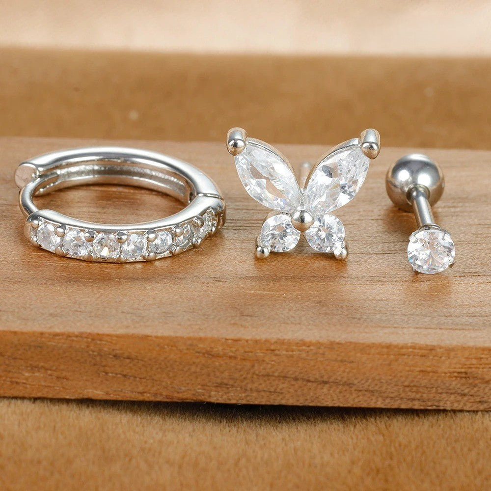 Boucle D'Oreille 3 Trous Papillon Dépareillée Acier Inoxydable