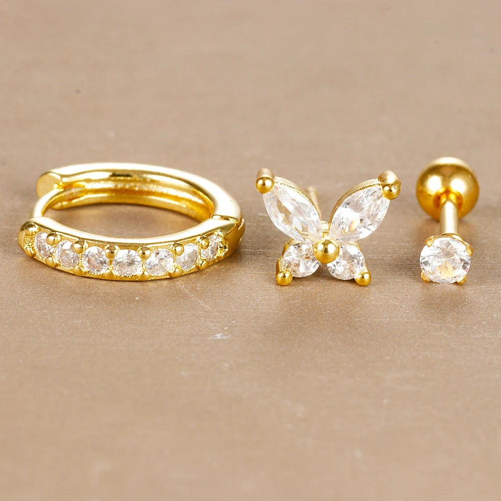 Boucle D'Oreille 3 Trous Papillon Dépareillée Acier Inoxydable