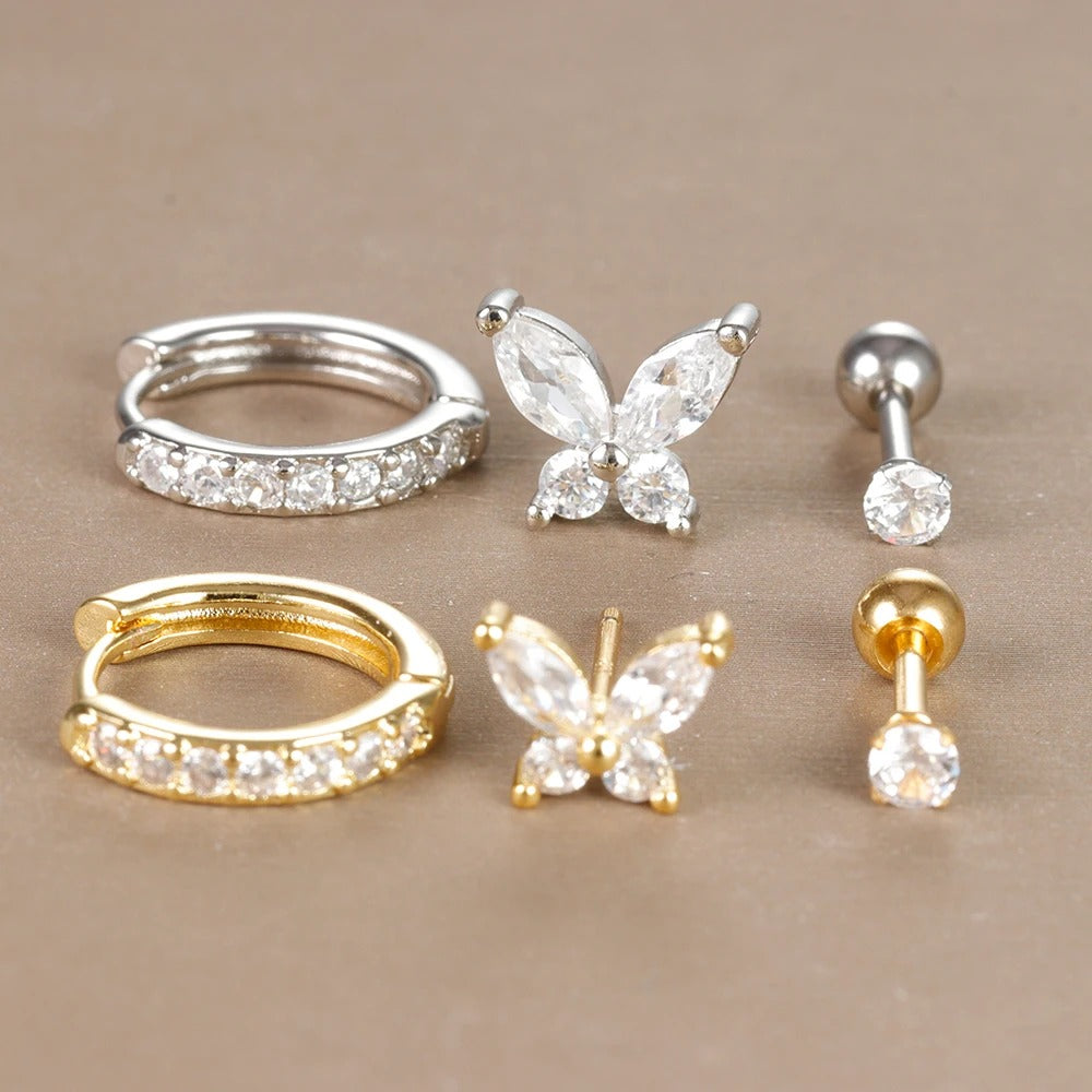 Boucle D'Oreille 3 Trous Papillon Dépareillée Acier Inoxydable