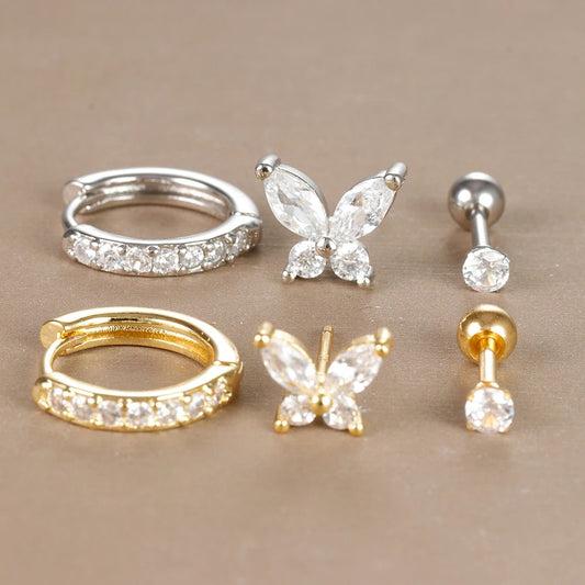 Boucle D'Oreille 3 Trous Papillon Dépareillée Acier Inoxydable