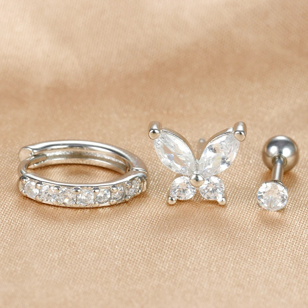 Boucle D'Oreille 3 Trous Papillon Dépareillée Acier Inoxydable