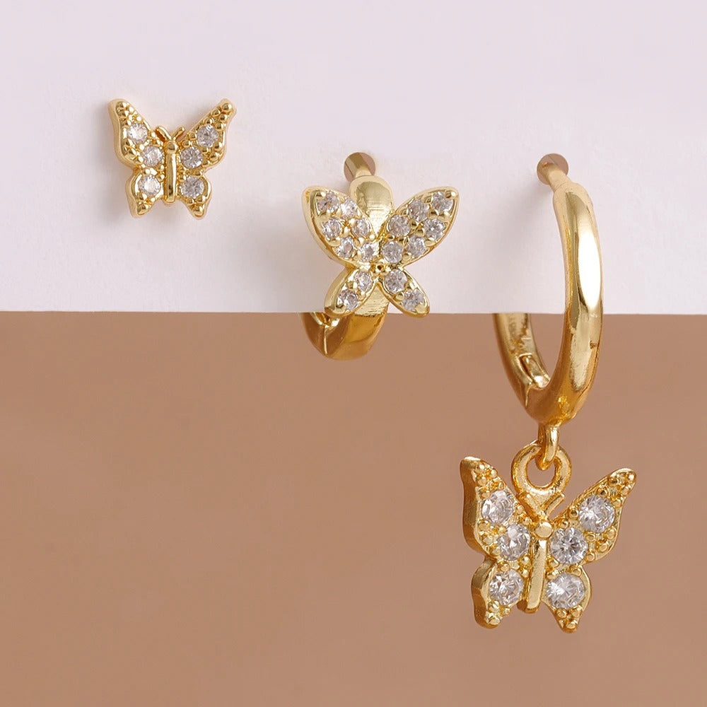Boucle D'Oreille 3 Trous Papillon Étincelant Acier Inoxydable Image