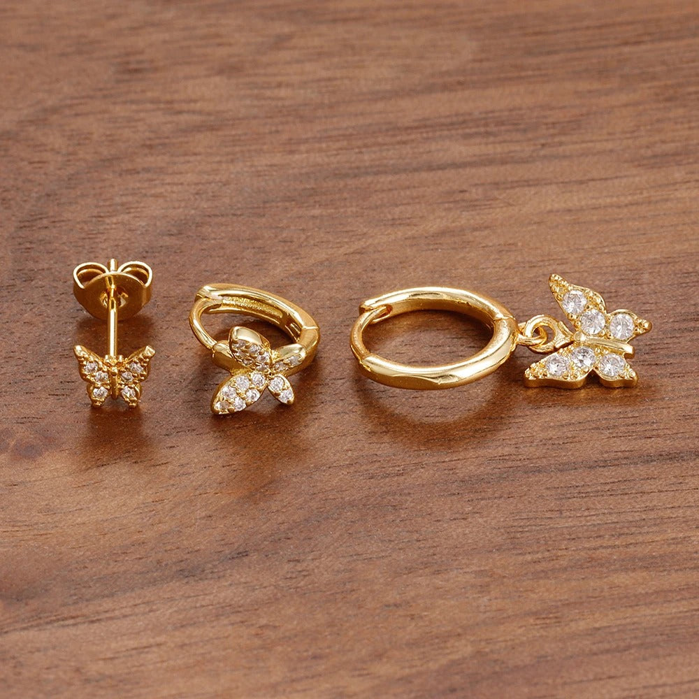 Boucle D'Oreille 3 Trous Papillon Étincelant Acier Inoxydable