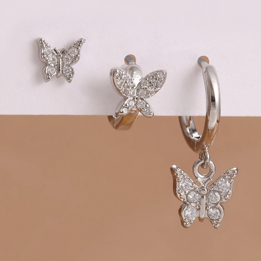 Boucle D'Oreille 3 Trous Papillon Étincelant Acier Inoxydable