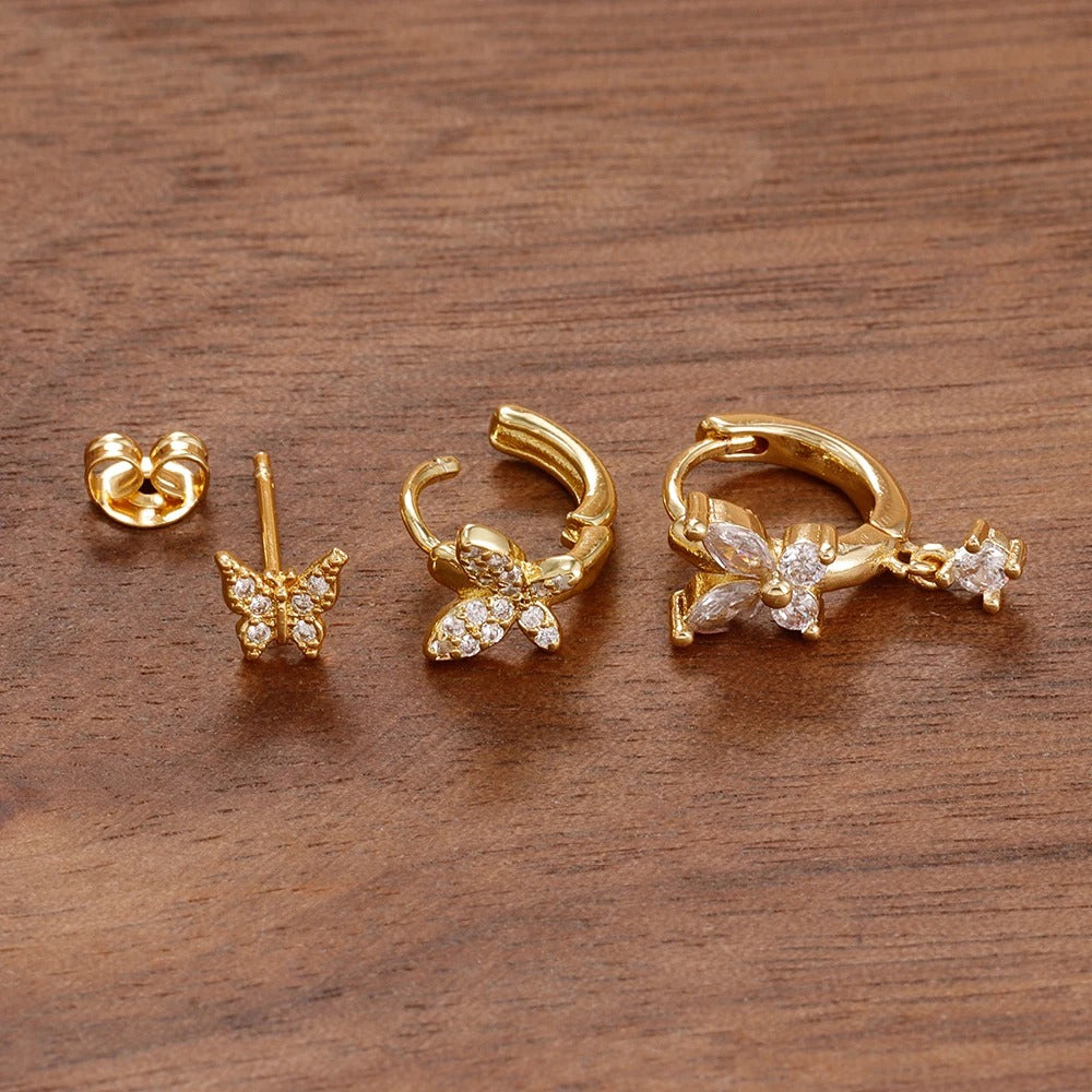 Boucle D'Oreille 3 Trous Papillon Féérique Acier Inoxydable