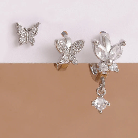 Boucle D'Oreille 3 Trous Papillon Féérique Acier Inoxydable