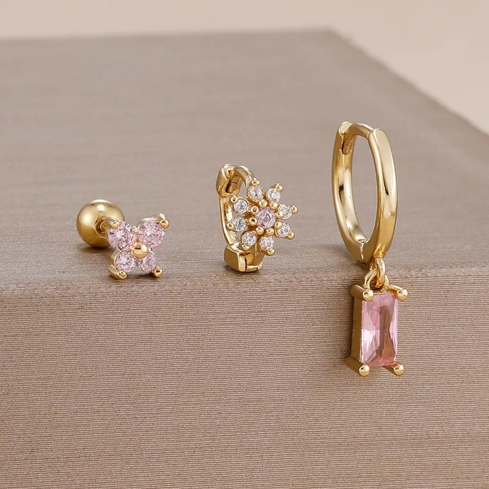 Boucle D'Oreille 3 Trous Papillon Fleurie Acier Inoxydable