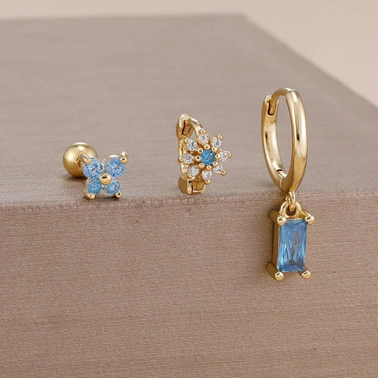 Boucle D'Oreille 3 Trous Papillon Fleurie Acier Inoxydable