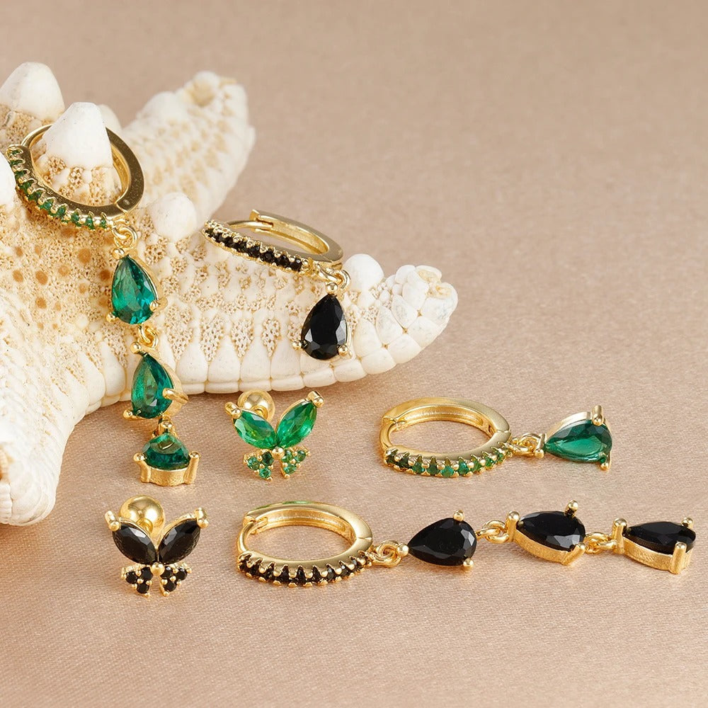 Boucle D'Oreille 3 Trous Papillon Et Goutte Acier Inoxydable