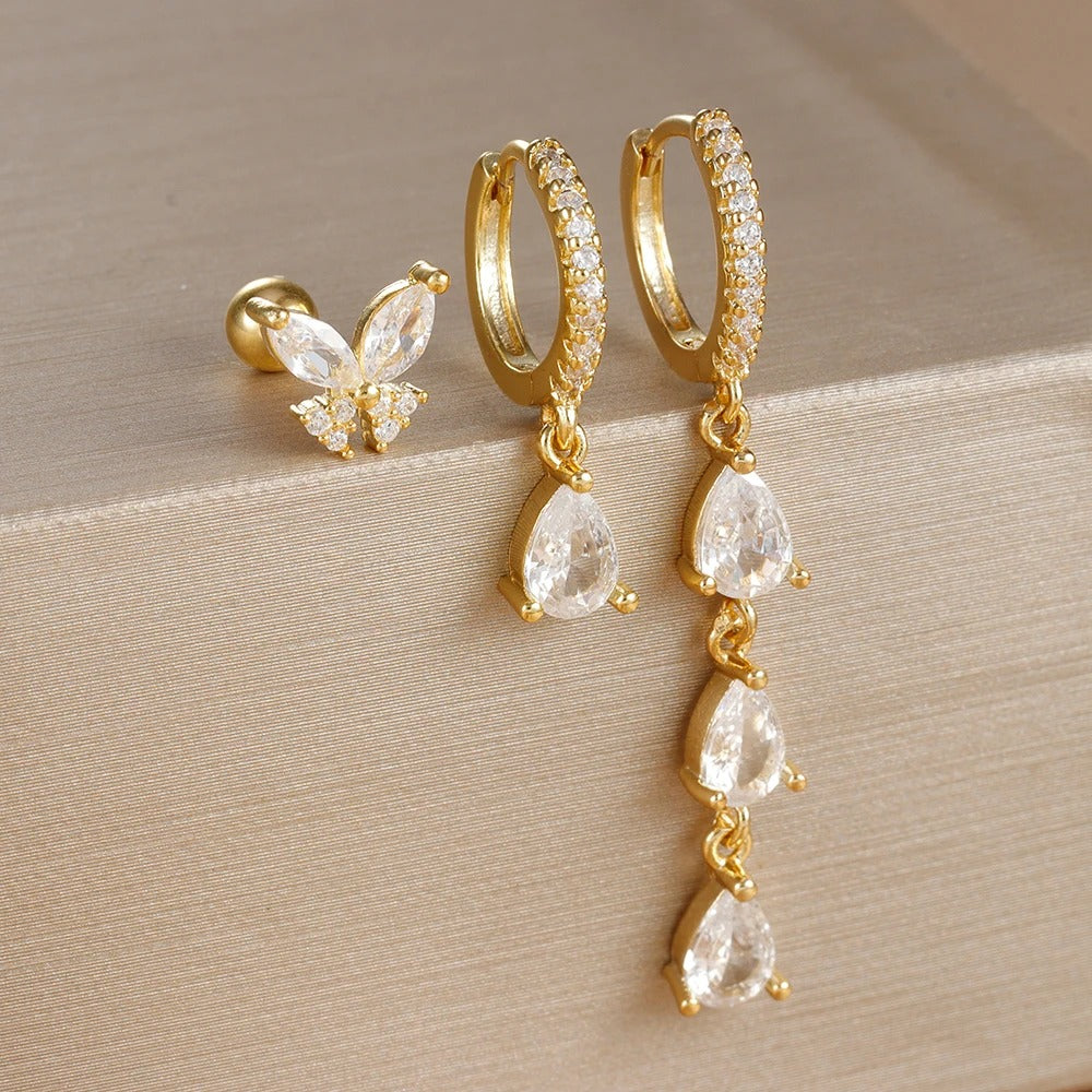 Boucle D'Oreille 3 Trous Papillon Et Goutte Acier Inoxydable