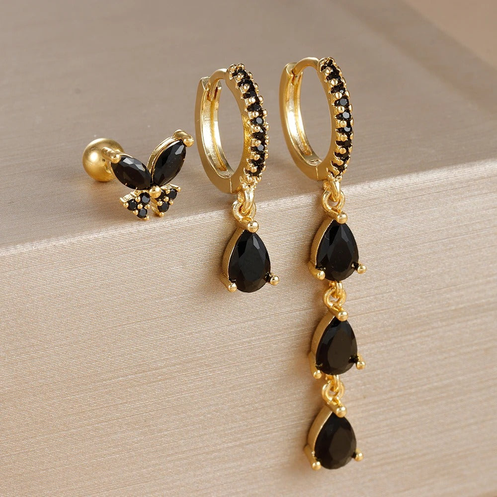 Boucle D'Oreille 3 Trous Papillon Et Goutte Acier Inoxydable