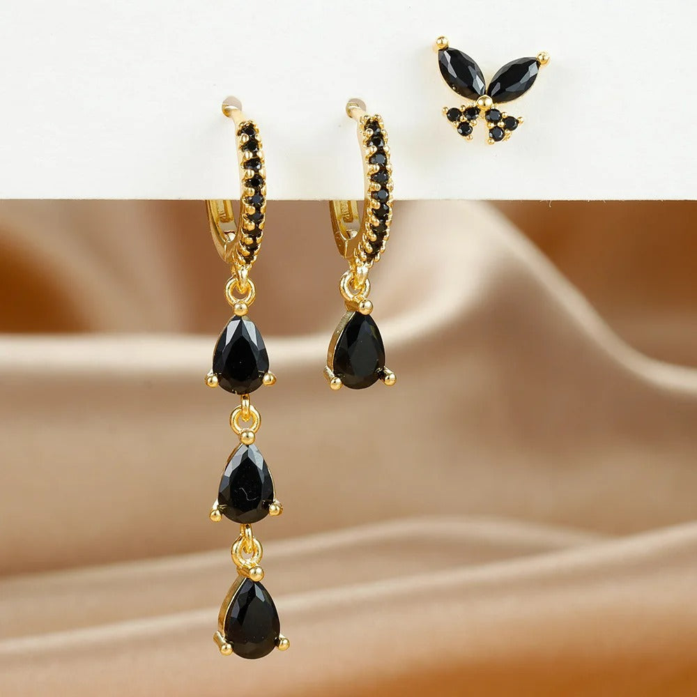 Boucle D'Oreille 3 Trous Papillon Et Goutte Acier Inoxydable