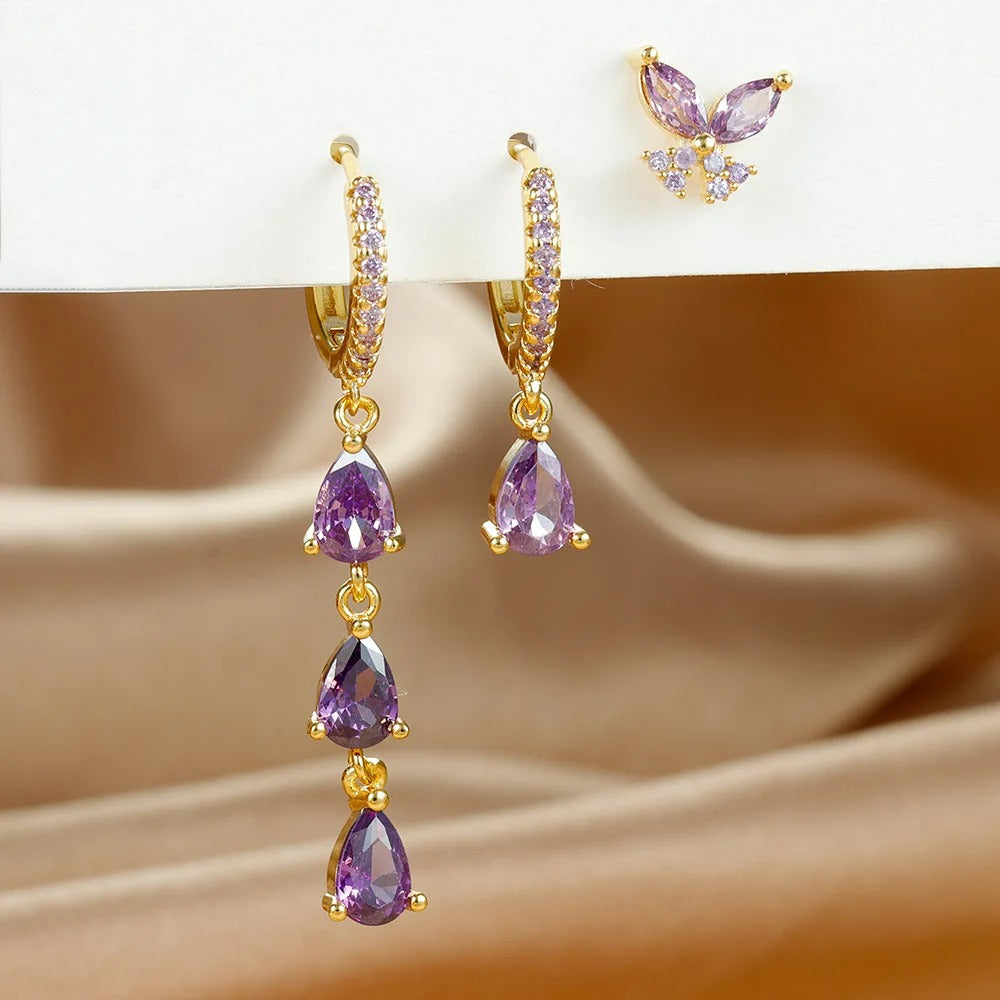 Boucle D'Oreille 3 Trous Papillon Et Goutte Acier Inoxydable