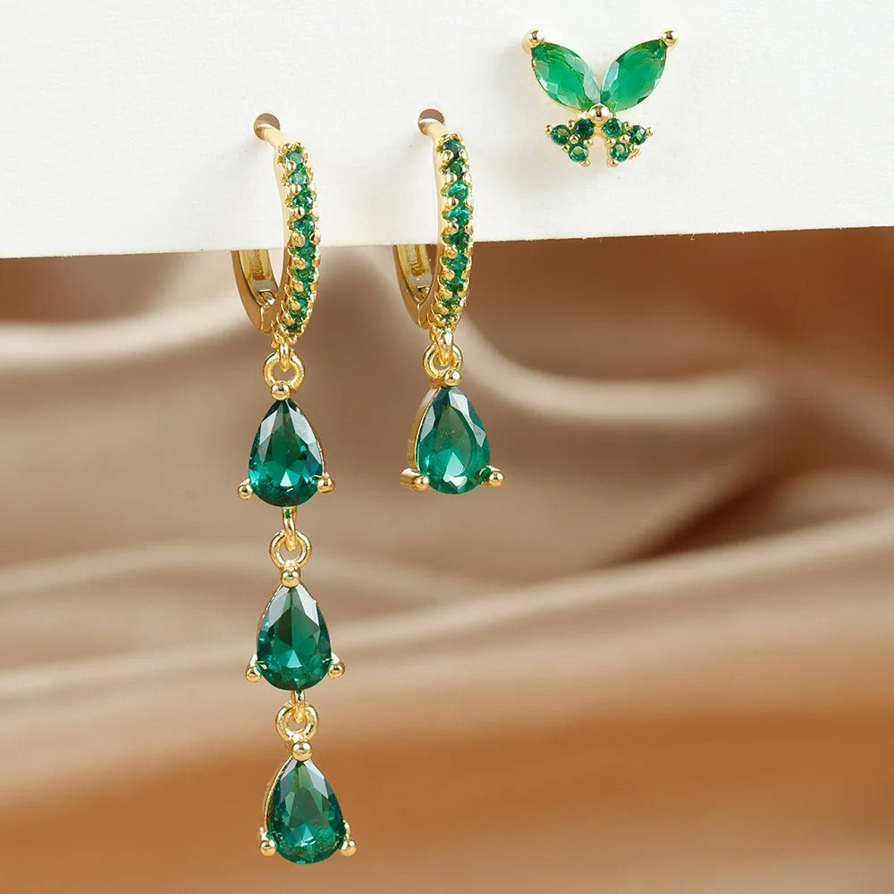 Boucle D'Oreille 3 Trous Papillon Et Goutte Acier Inoxydable