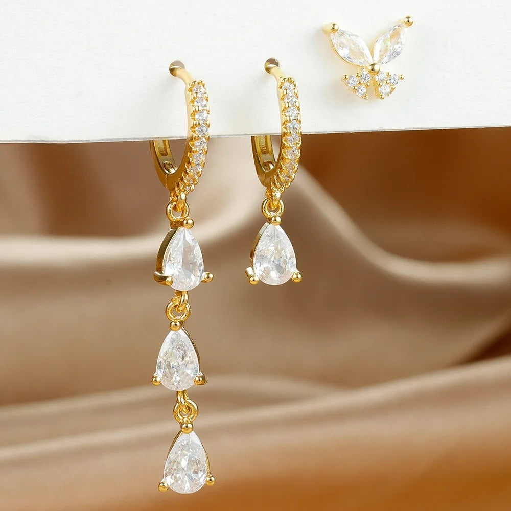 Boucle D'Oreille 3 Trous Papillon Et Goutte Acier Inoxydable