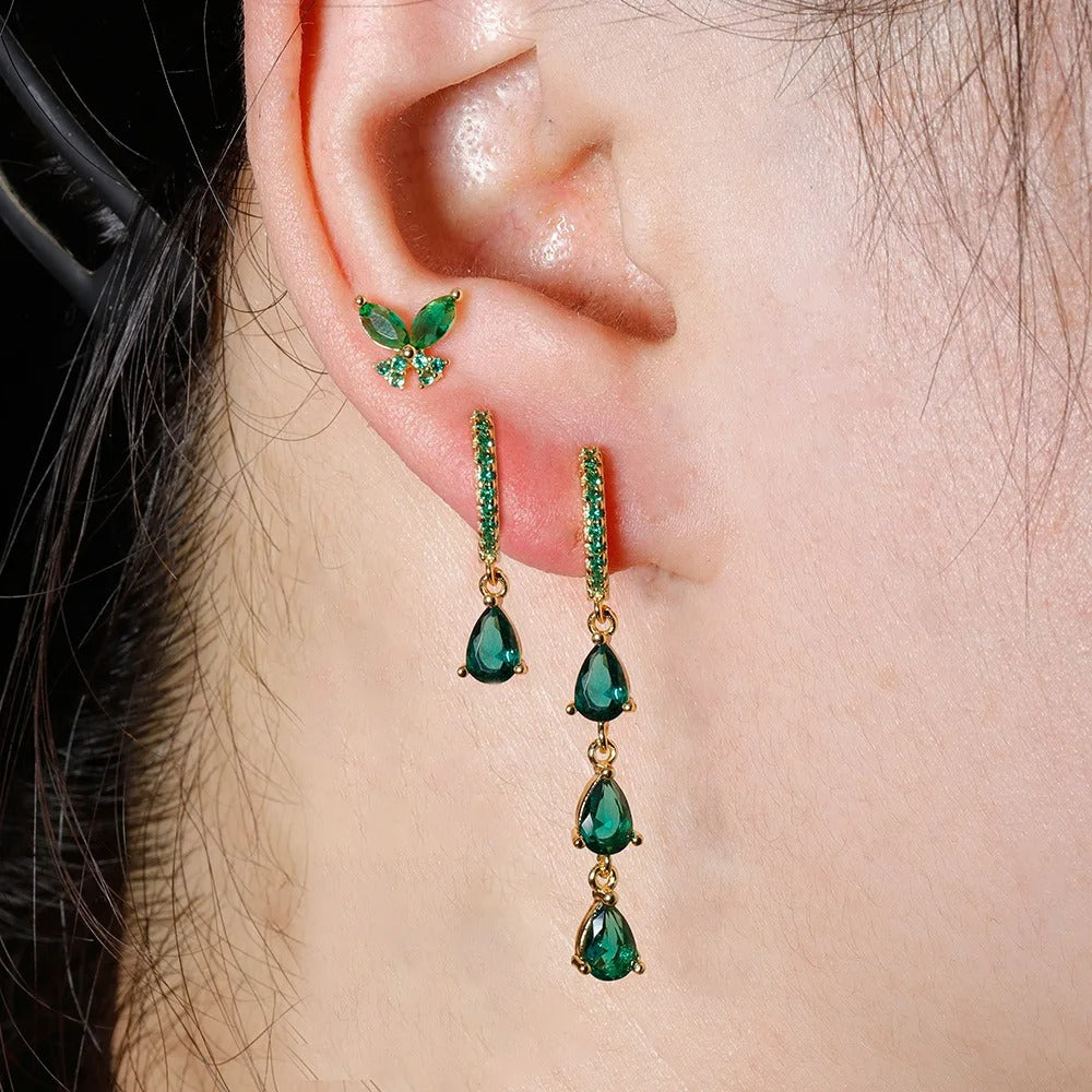 Boucle D'Oreille 3 Trous Papillon Et Goutte Acier Inoxydable