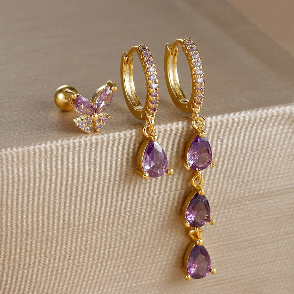 Boucle D'Oreille 3 Trous Papillon Et Goutte Acier Inoxydable