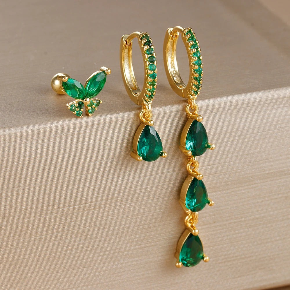 Boucle D'Oreille 3 Trous Papillon Et Goutte Acier Inoxydable