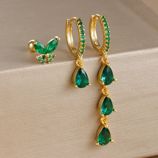 Boucle D'Oreille 3 Trous Papillon Et Goutte Acier Inoxydable