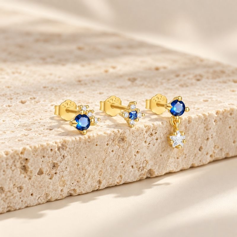 Boucle D'Oreille 3 Trous Puces Bleu Roi