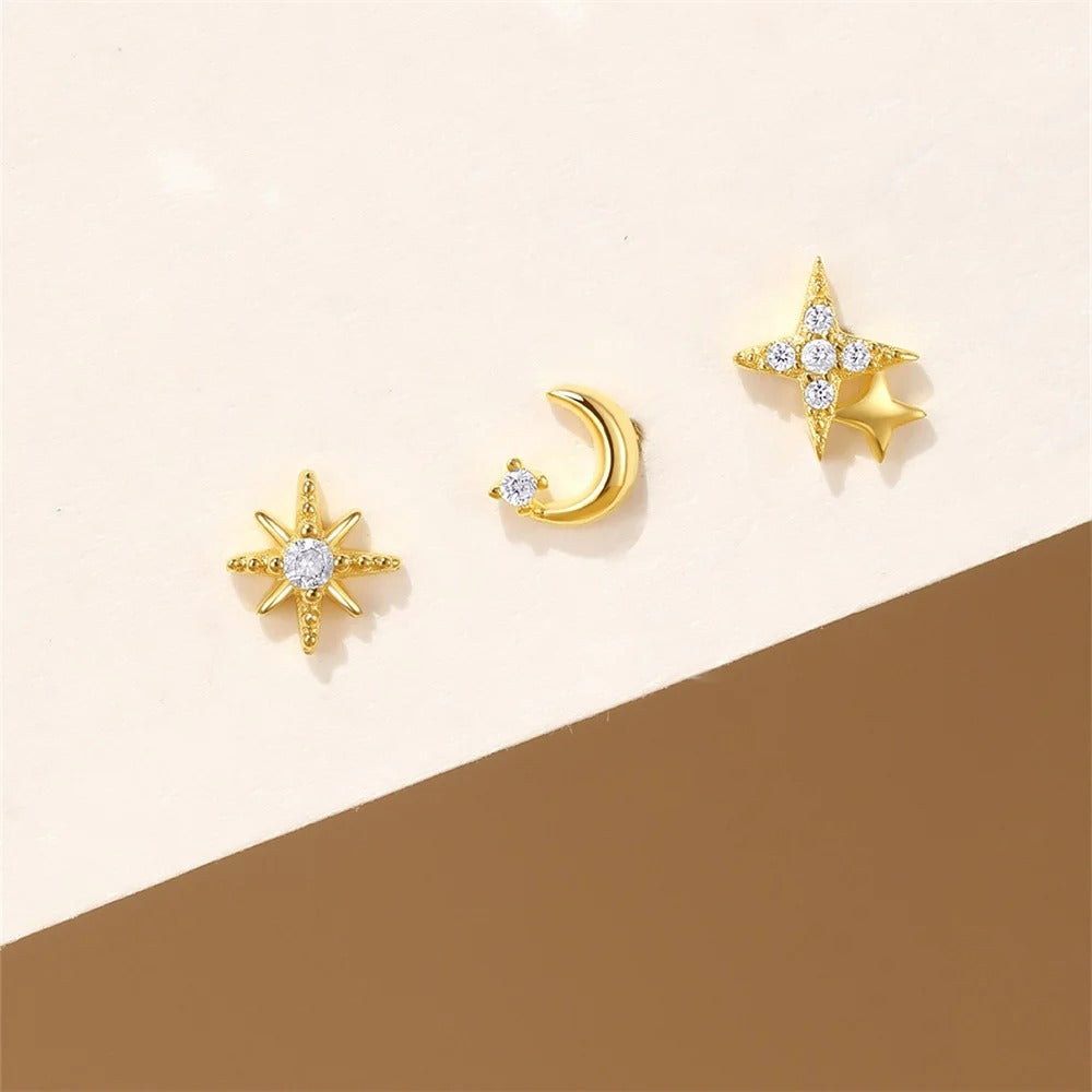 Boucle D'oreille 3 Trous Étoiles Et Lune