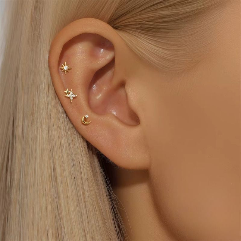 Boucle D'oreille 3 Trous Étoiles Et Lune