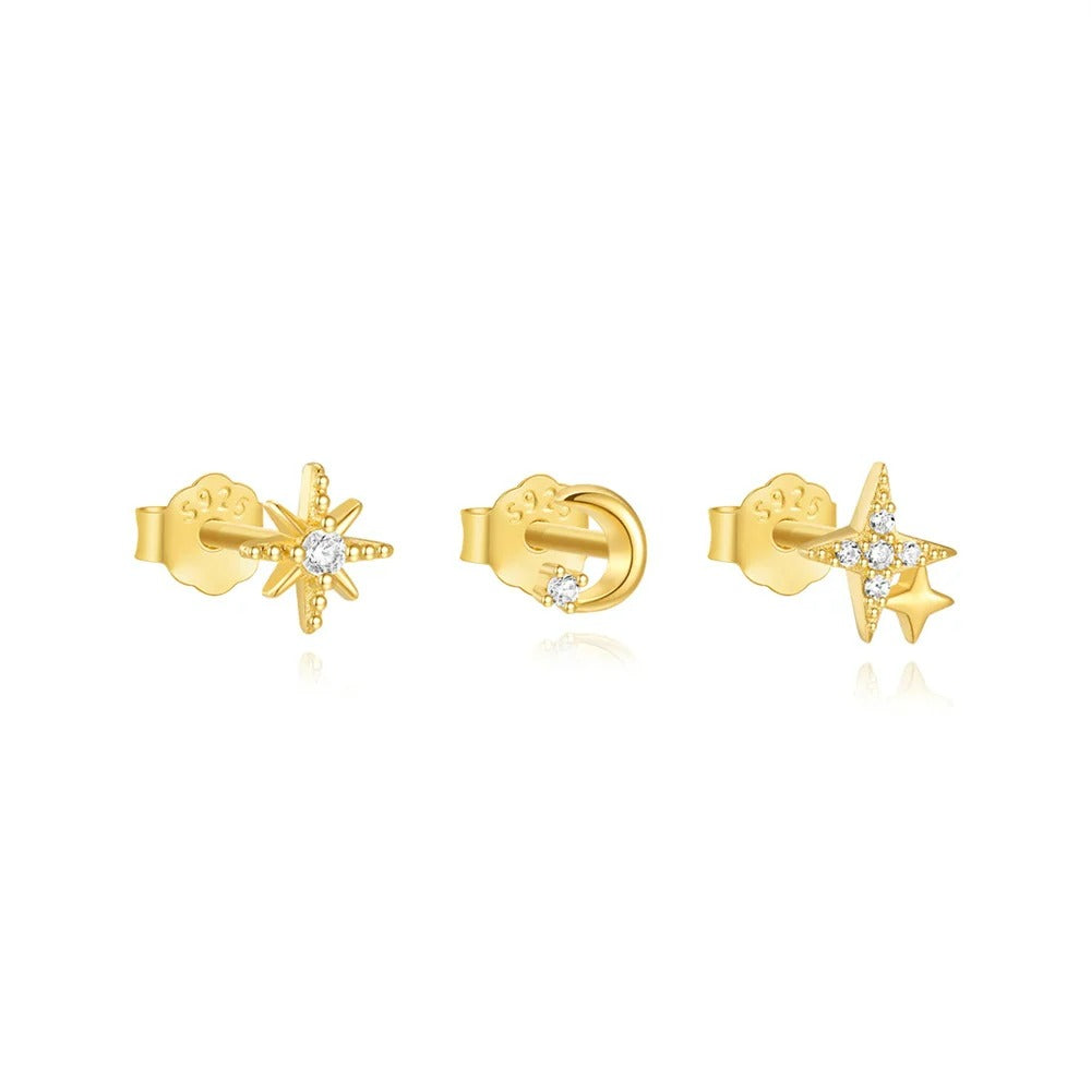 Boucle D'oreille 3 Trous Étoiles Et Lune