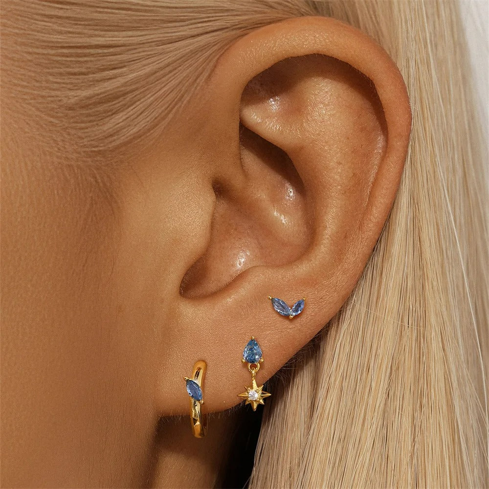 Boucle D'oreille 3 Trous Trio Bleu Doré