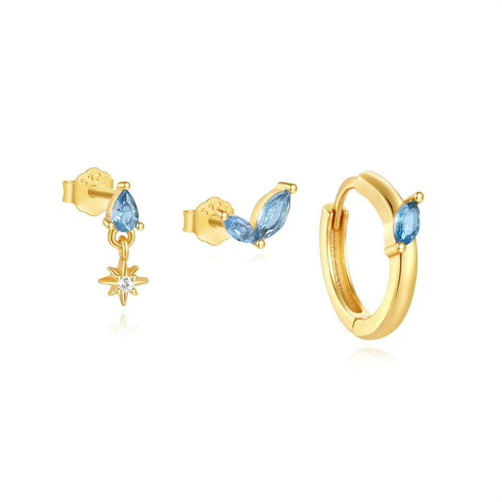 Boucle D'oreille 3 Trous Trio Bleu Doré
