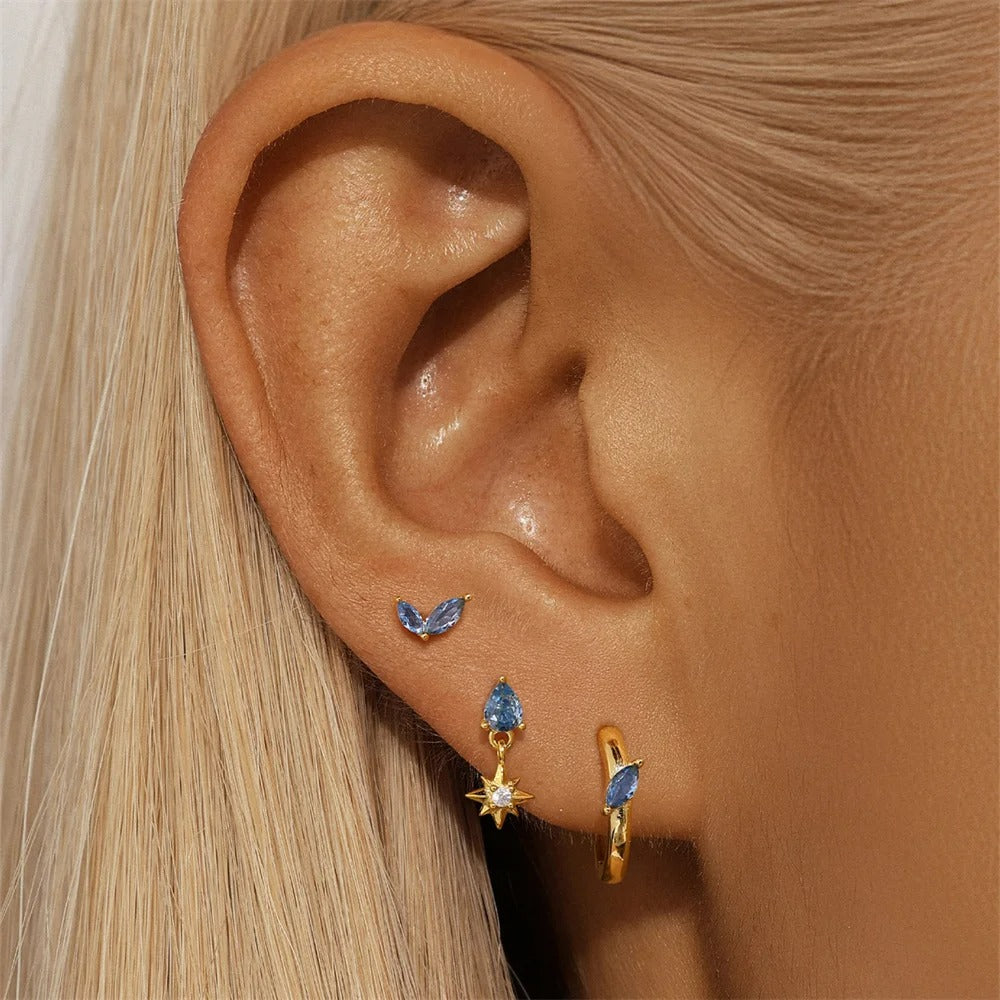 Boucle D'oreille 3 Trous Trio Bleu Doré
