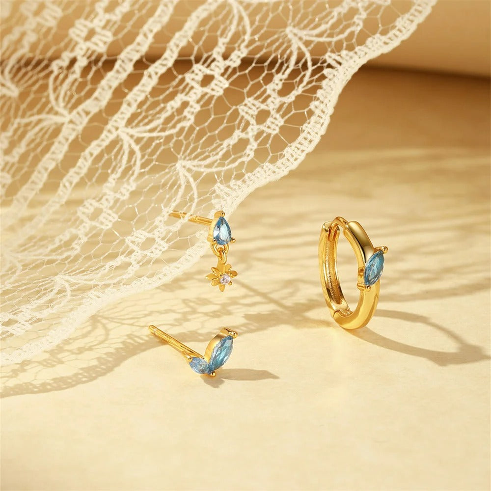 Boucle D'oreille 3 Trous Trio Bleu Doré
