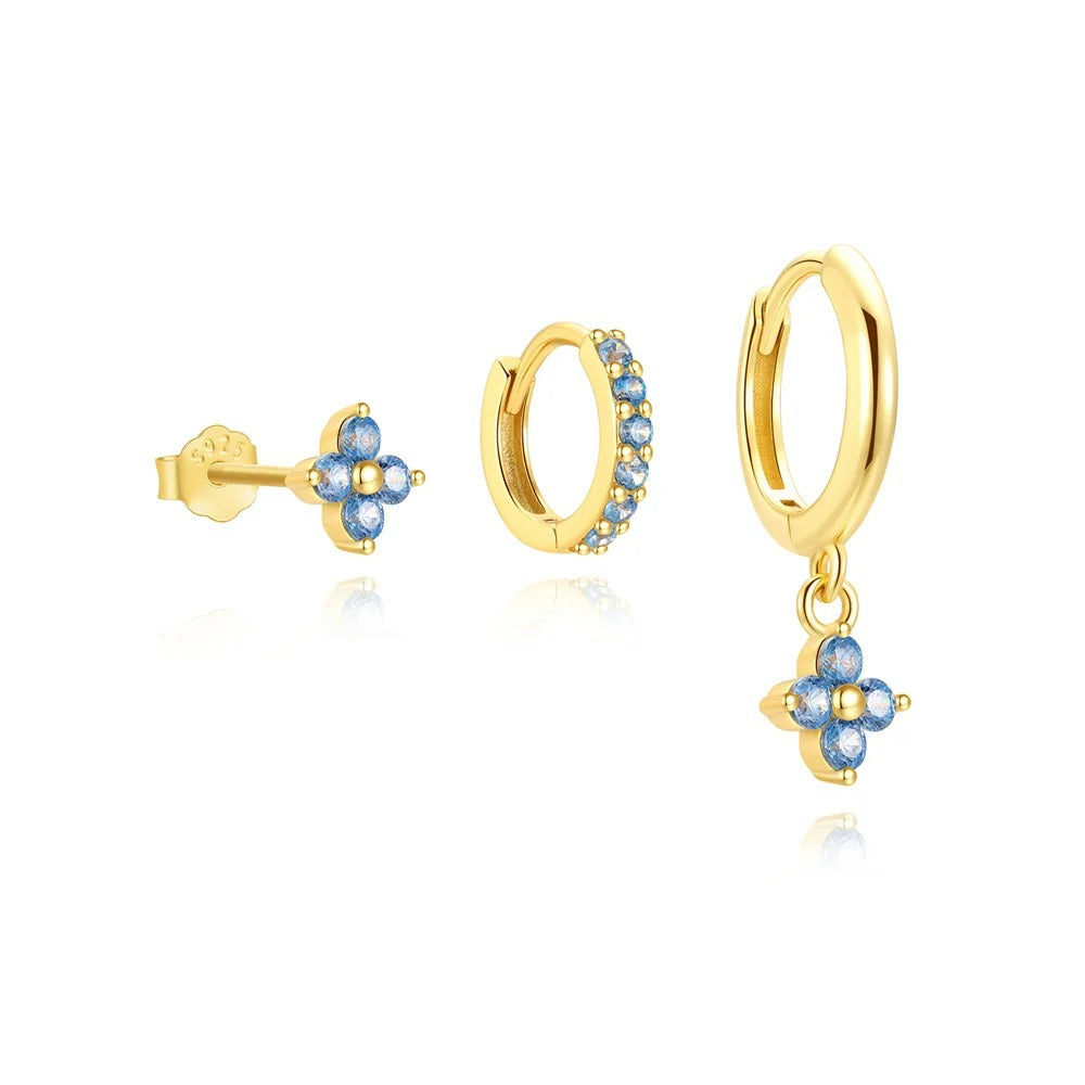 Boucle D'oreille 3 Trous Trio Fleur Bleue