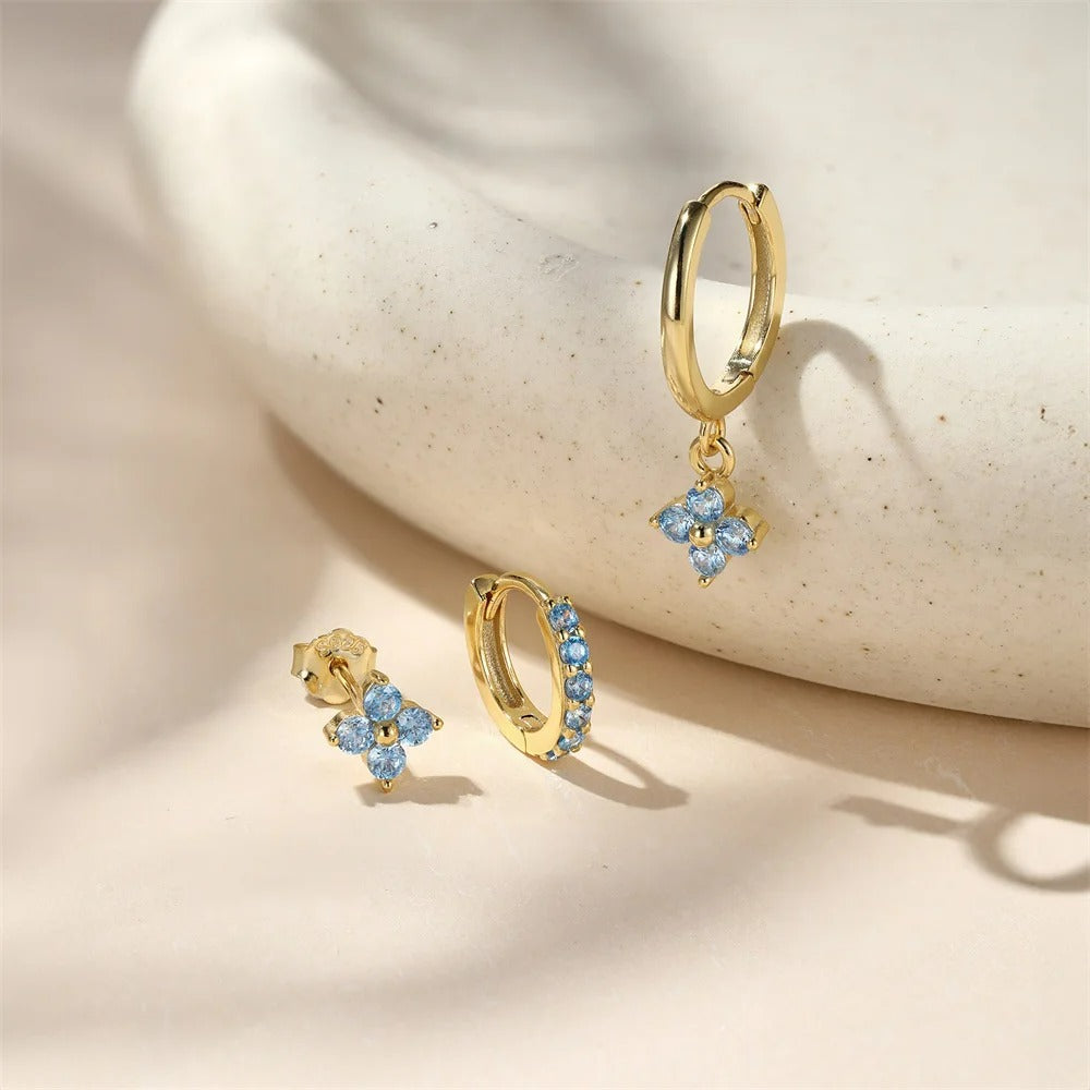 Boucle D'oreille 3 Trous Trio Fleur Bleue