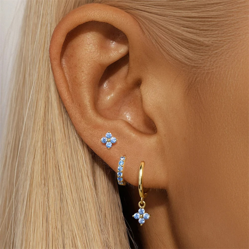 Boucle D'oreille 3 Trous Trio Fleur Bleue
