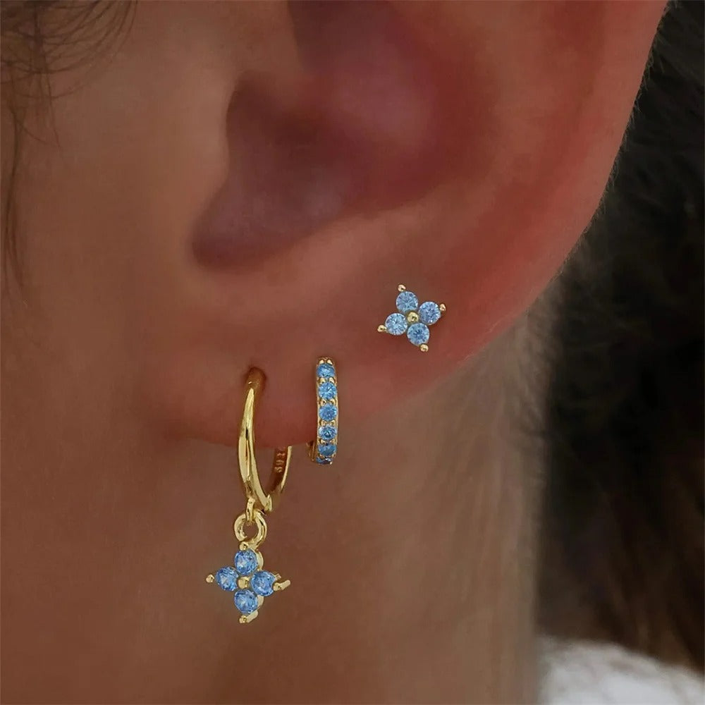 Boucle D'oreille 3 Trous Trio Fleur Bleue