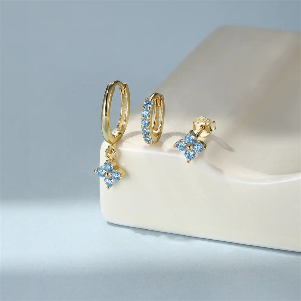 Boucle D'oreille 3 Trous Trio Fleur Bleue
