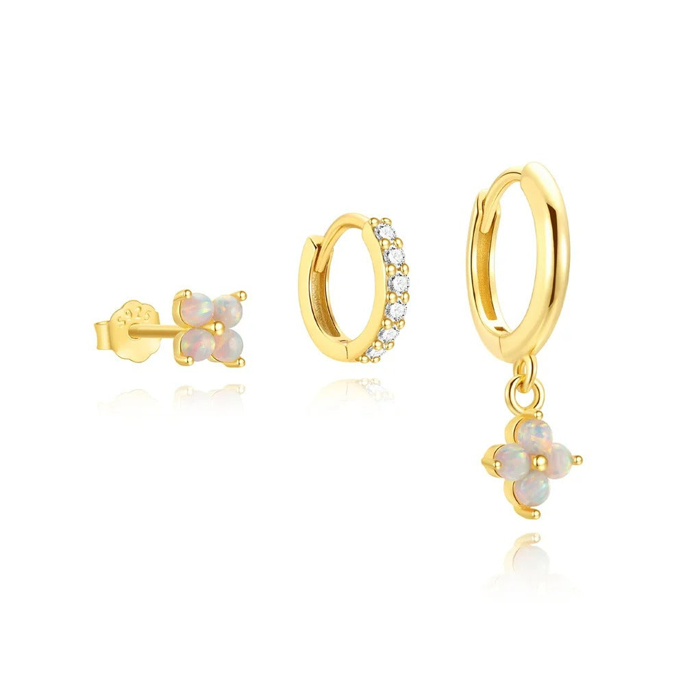 Boucle D'oreille 3 Trous Trio Fleur Opale