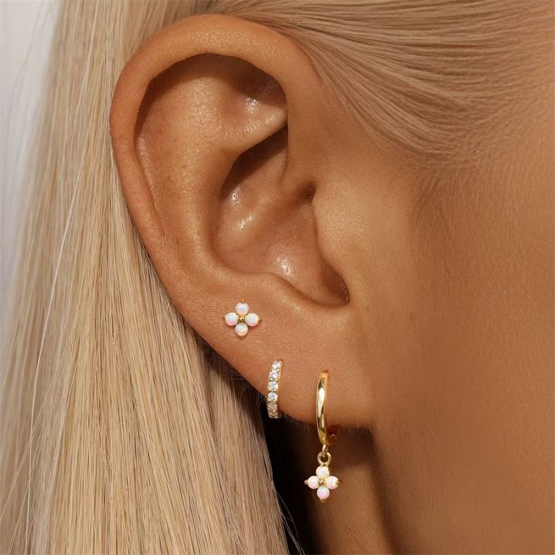 Boucle D'oreille 3 Trous Trio Fleur Opale