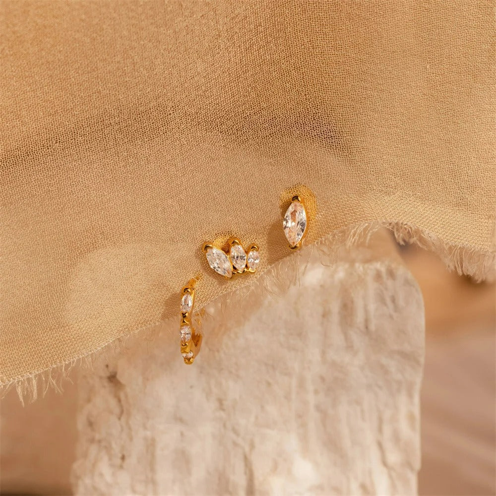 Boucle D'oreille 3 Trous Zircon Navette Blanc