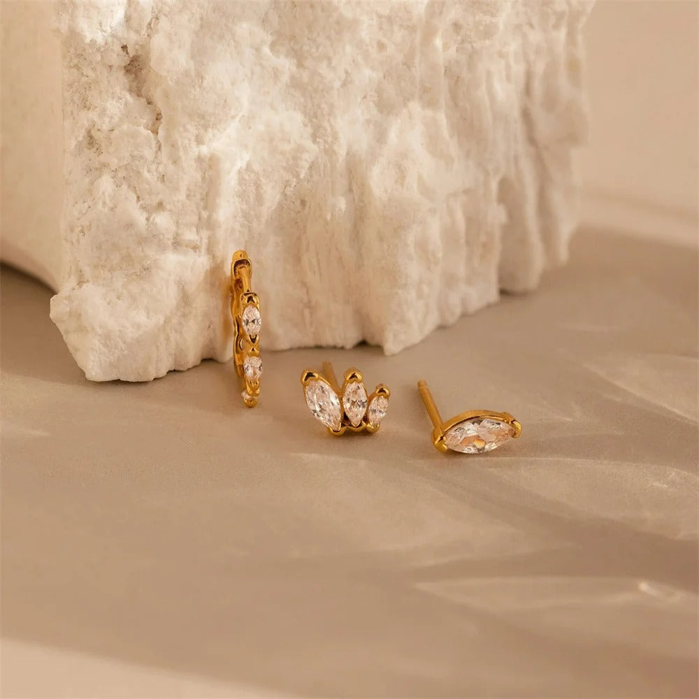 Boucle D'oreille 3 Trous Zircon Navette Blanc