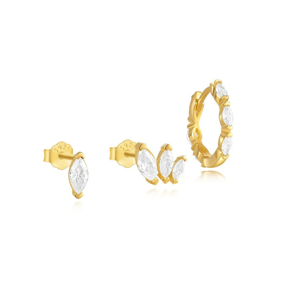 Boucle D'oreille 3 Trous Zircon Navette Blanc